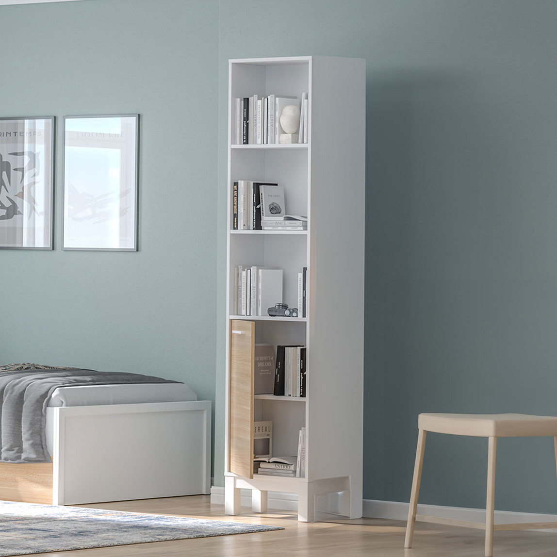    Adore London 5 Raflı Kapaklı Kitaplık Meşe-Beyaz 