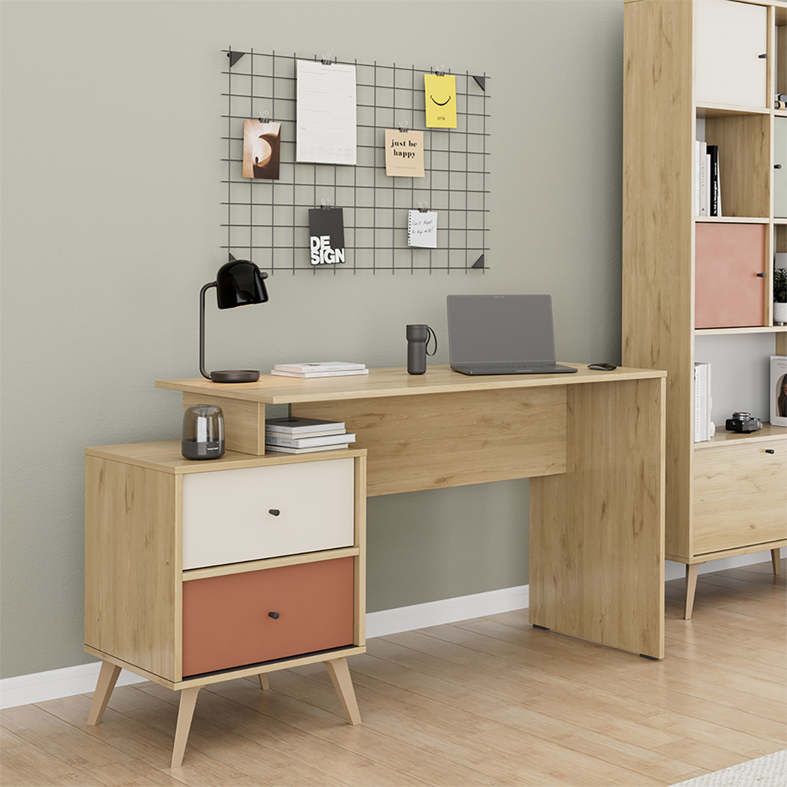    Adore Terra 2 Çekmeceli Çalışma Masası Meşe-Beyaz-Kiremit 