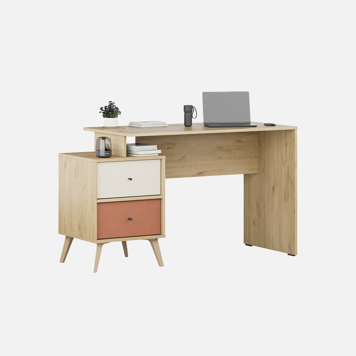    Adore Terra 2 Çekmeceli Çalışma Masası Meşe-Beyaz-Kiremit 