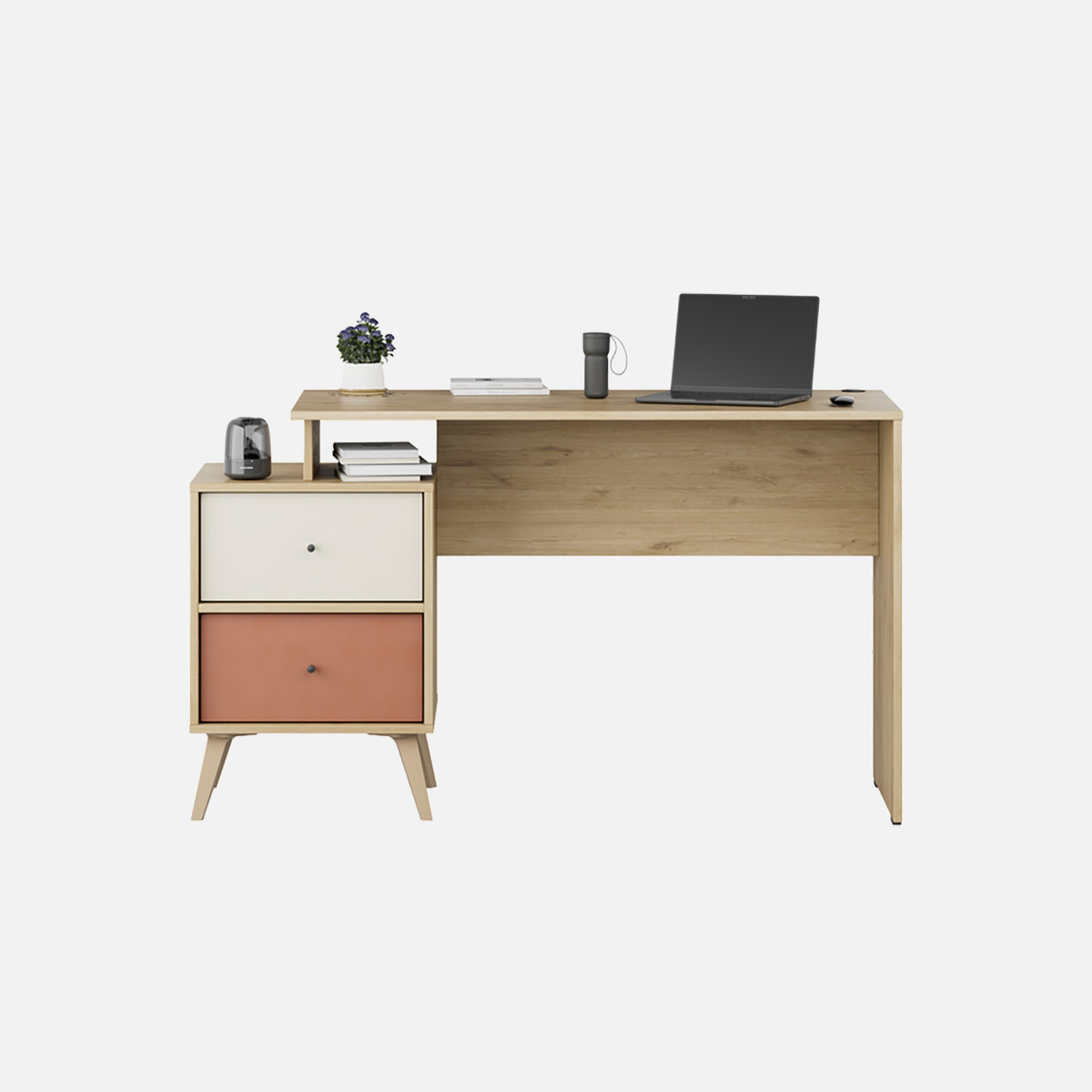    Adore Terra 2 Çekmeceli Çalışma Masası Meşe-Beyaz-Kiremit 
