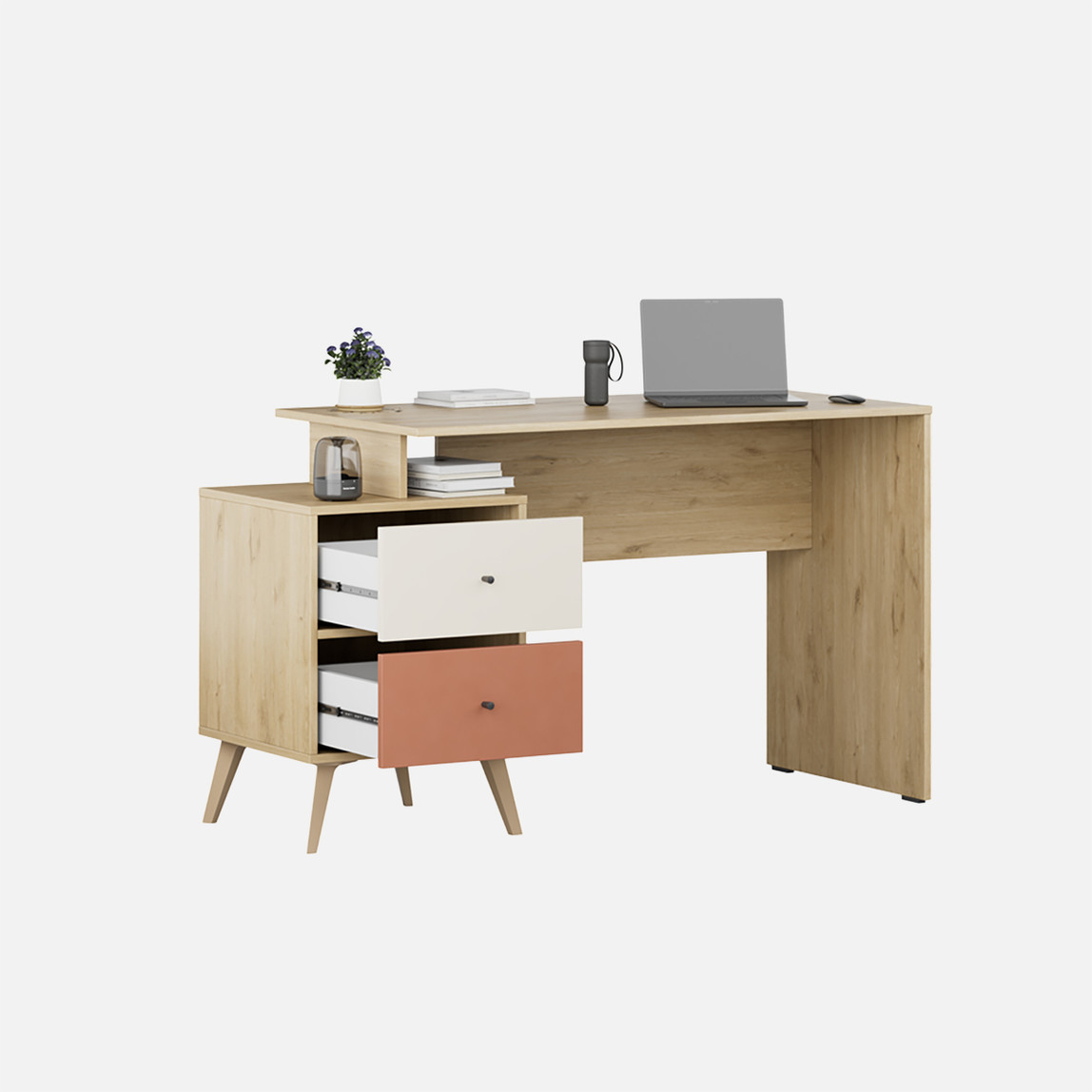    Adore Terra 2 Çekmeceli Çalışma Masası Meşe-Beyaz-Kiremit 