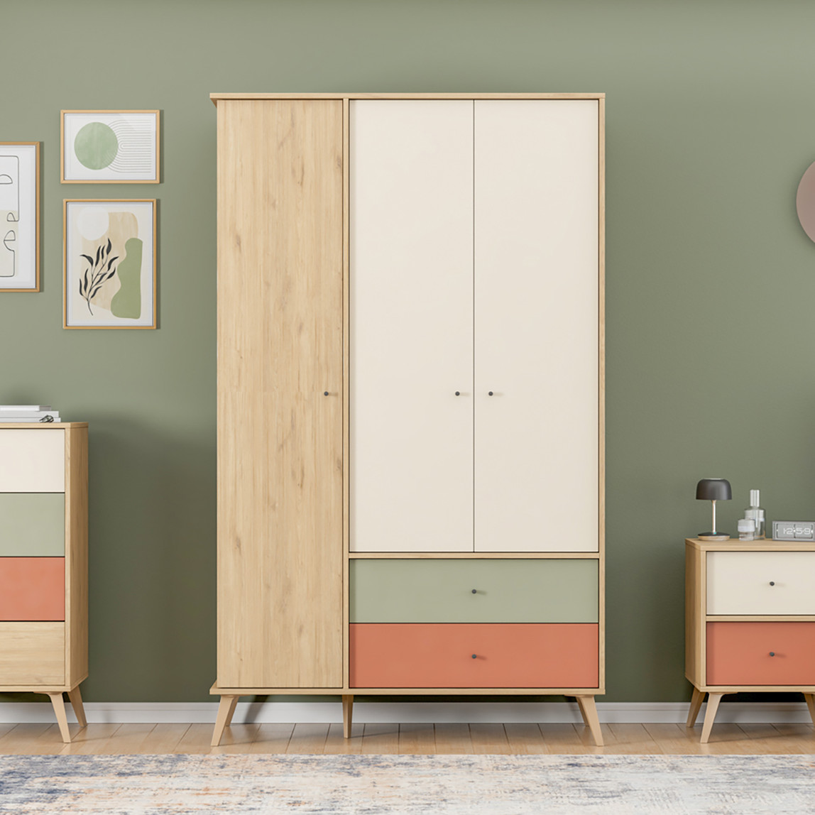    Adore Terra 3 Kapaklı 2 Çekmeceli Gardırop Florida Meşe-Yeşil-Kiremit 