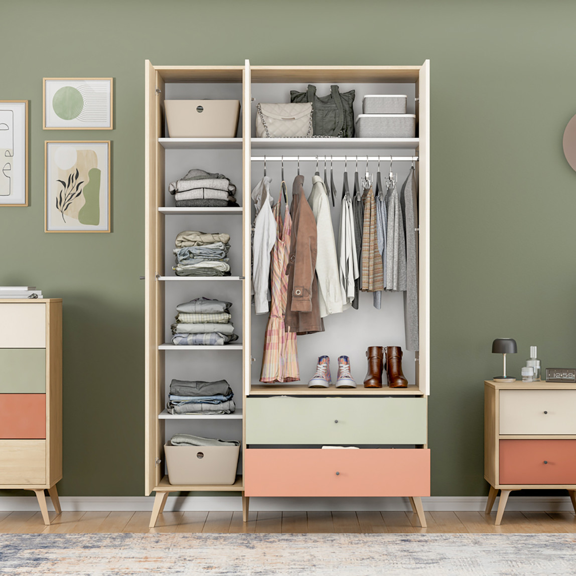    Adore Terra 3 Kapaklı 2 Çekmeceli Gardırop Florida Meşe-Yeşil-Kiremit 