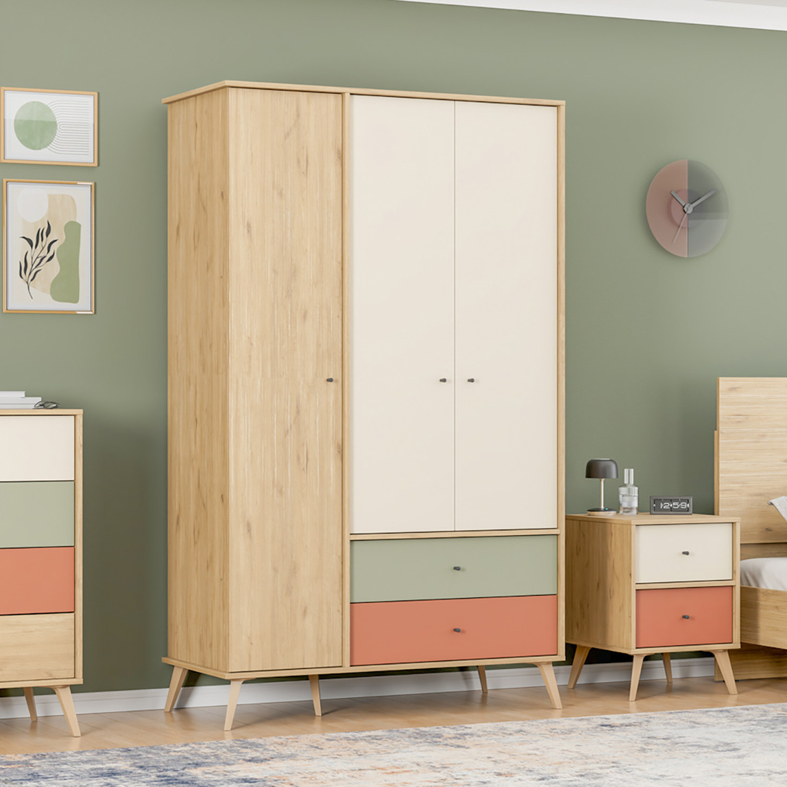    Adore Terra 3 Kapaklı 2 Çekmeceli Gardırop Florida Meşe-Yeşil-Kiremit 