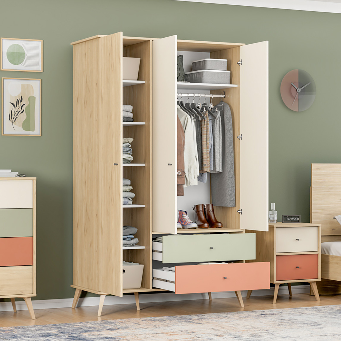    Adore Terra 3 Kapaklı 2 Çekmeceli Gardırop Florida Meşe-Yeşil-Kiremit 