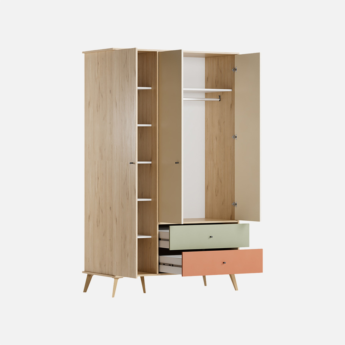    Adore Terra 3 Kapaklı 2 Çekmeceli Gardırop Florida Meşe-Yeşil-Kiremit 