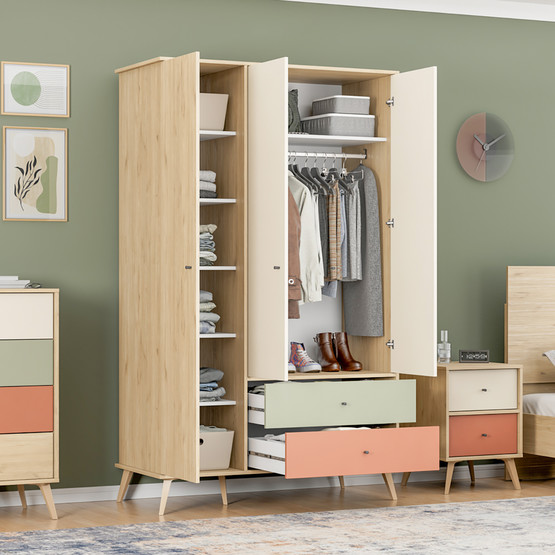 Adore Terra 3 Kapaklı 2 Çekmeceli Gardırop Florida Meşe-Yeşil-Kiremit