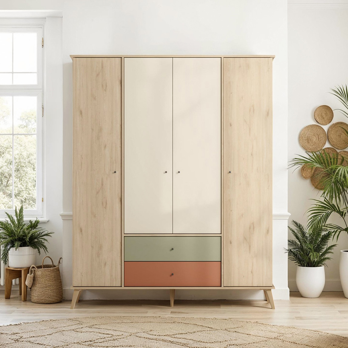    Adore Terra 4 Kapaklı 2 Çekmeceli Gardırop Florida Meşe-Yeşil-Kiremit 