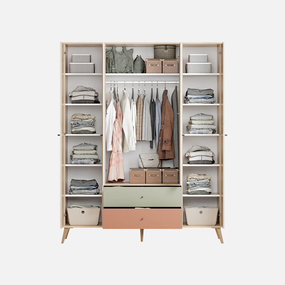    Adore Terra 4 Kapaklı 2 Çekmeceli Gardırop Florida Meşe-Yeşil-Kiremit 