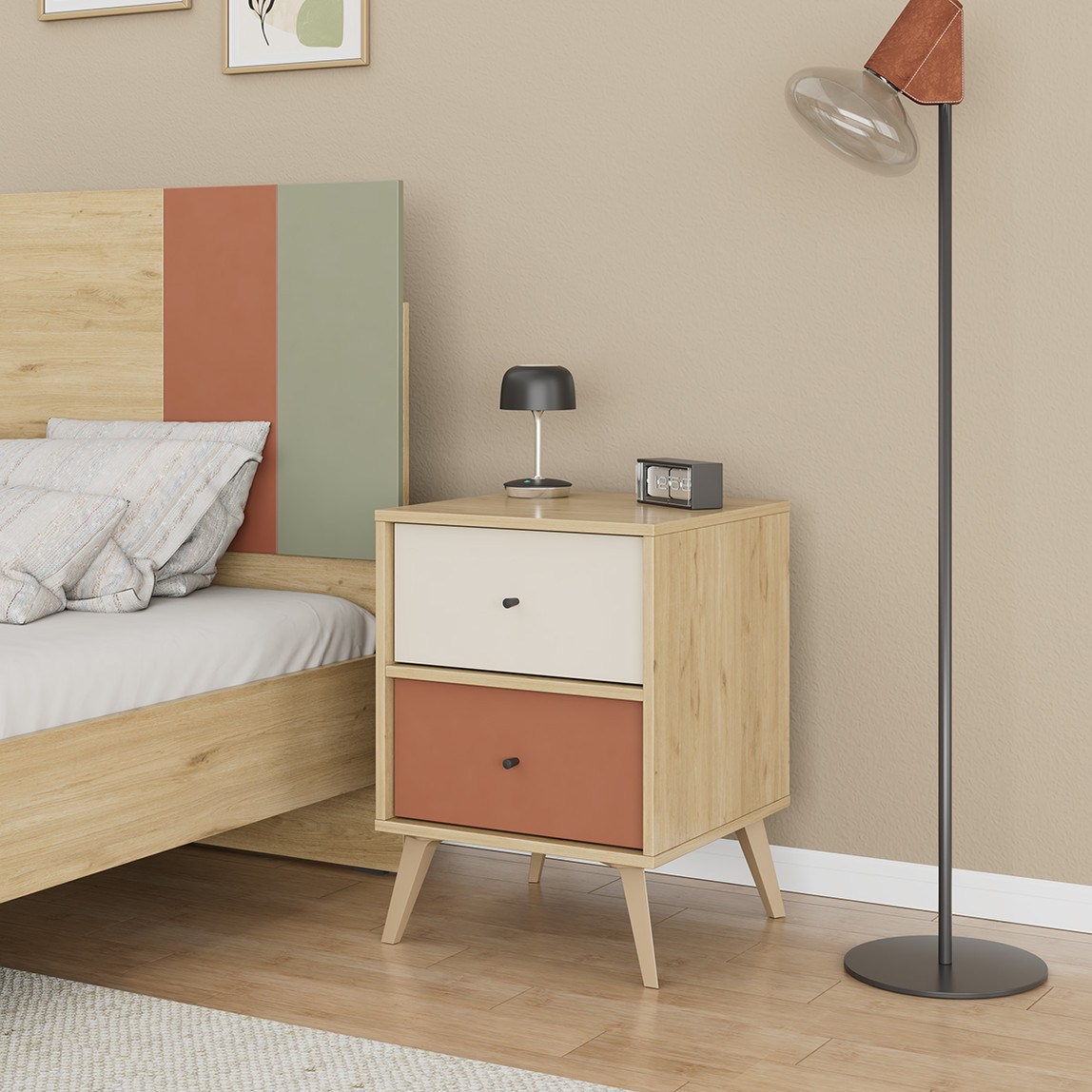    Adore Terra 2 Çekmeceli Komodin Meşe-Beyaz-Kiremit 