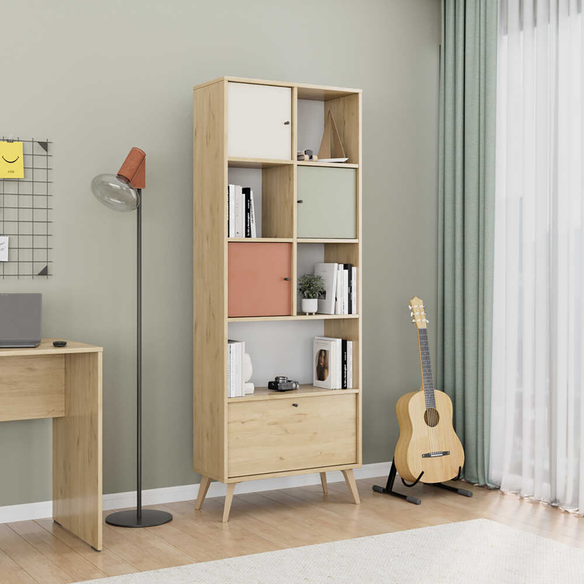    Adore Terra 4 Kapaklı Kitaplık Meşe-Beyaz-Yeşil-Kiremit 