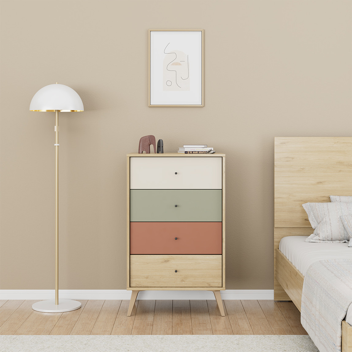    Adore Terra 4 Çekmeceli Şifonyer Meşe-Beyaz-Yeşil-Kiremit 