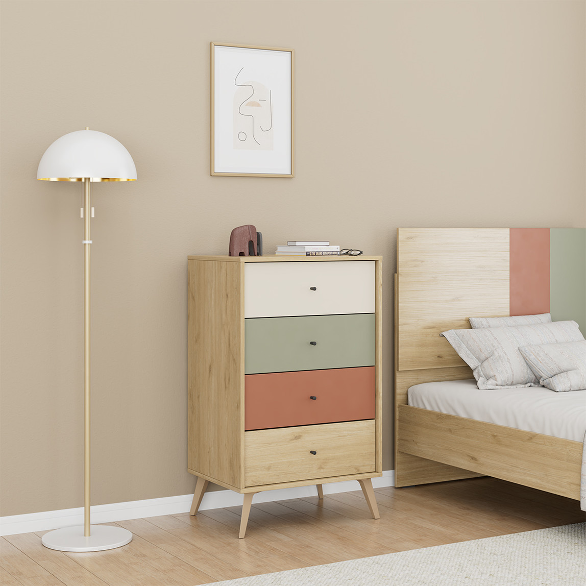    Adore Terra 4 Çekmeceli Şifonyer Meşe-Beyaz-Yeşil-Kiremit 