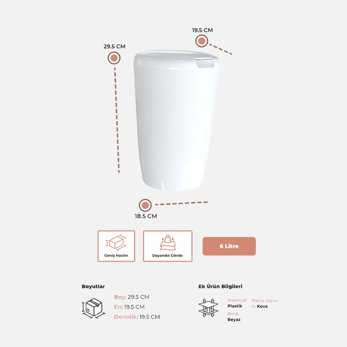   Bino Çöp Kovası Beyaz 6L 
