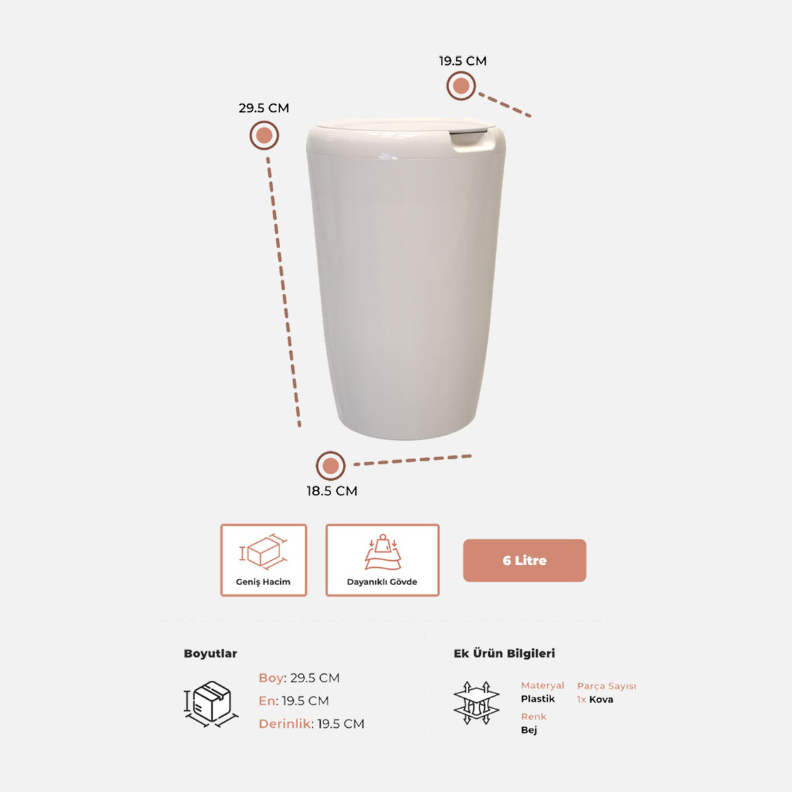    Bino Çöp Kovası Bej 6L 
