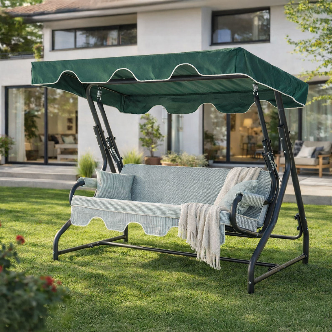    Erinöz Olea 3 Kişilik Yatarlı Bahçe Balkon Teras Salıncağı - Yeşil Çizgili  