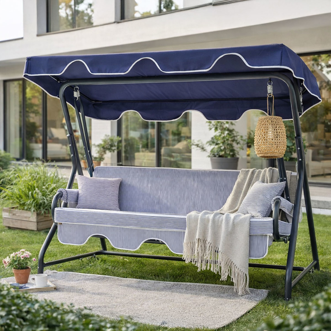   Erinöz Olea 3 Kişilik Yatarlı Bahçe Balkon Teras Salıncağı -Lacivert Çizgili
 