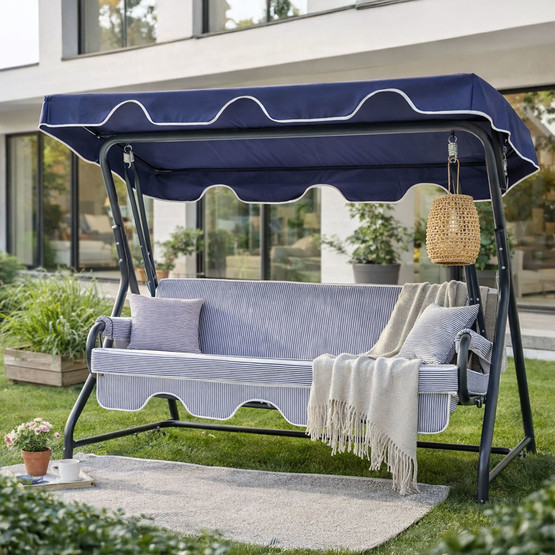 Erinöz Olea 3 Kişilik Yatarlı Bahçe Balkon Teras Salıncağı -Lacivert Çizgili  