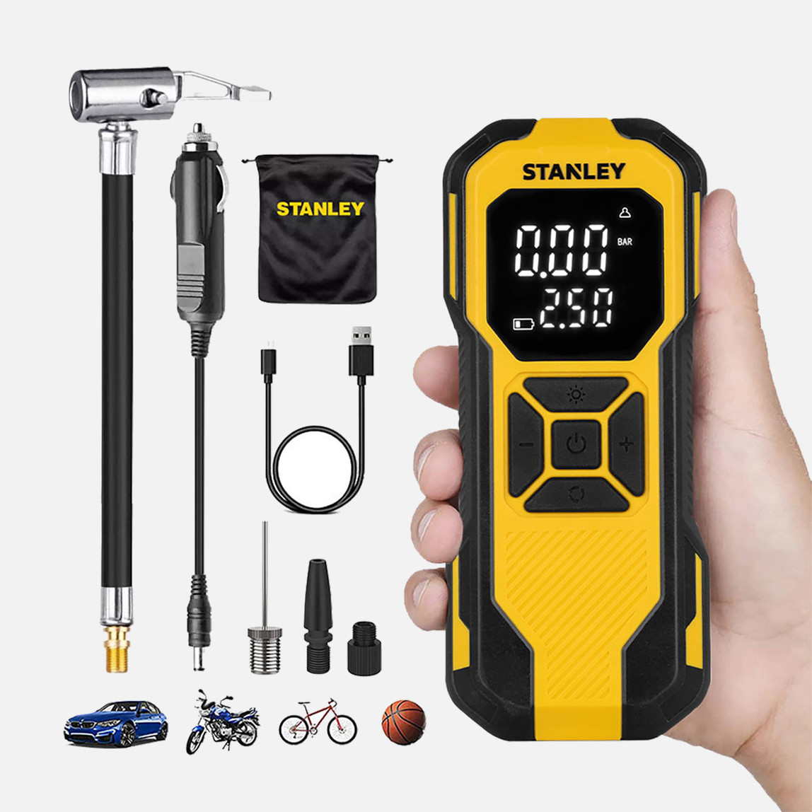    Stanley SXIF0101 12V / Şarjlı Li-ion 150 PSI Dijital Göstergeli Akıllı Lastik Şişirme Pompası 