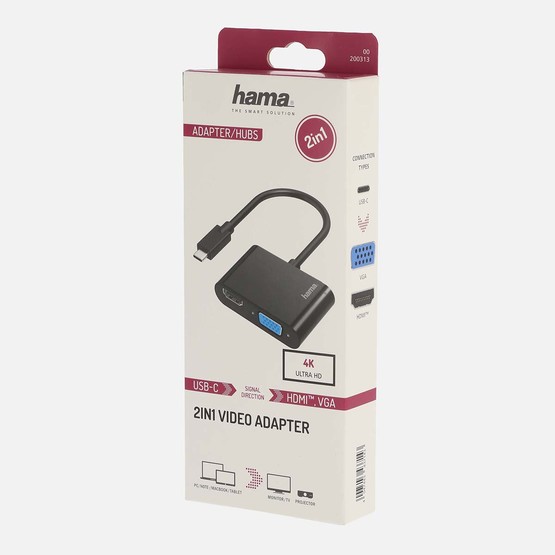 Hama HM.200313 USB-C – HDMI & VGA 2'si 1 Arada Video Adaptörü 4K Siyah