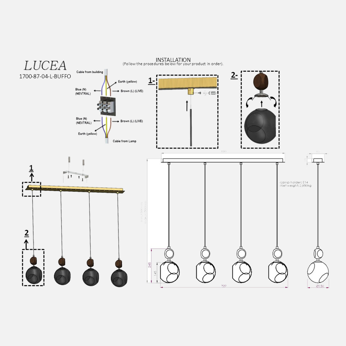    Lucea Buffo 4'Lü Kobalt Sıralı Avize 4xE14 