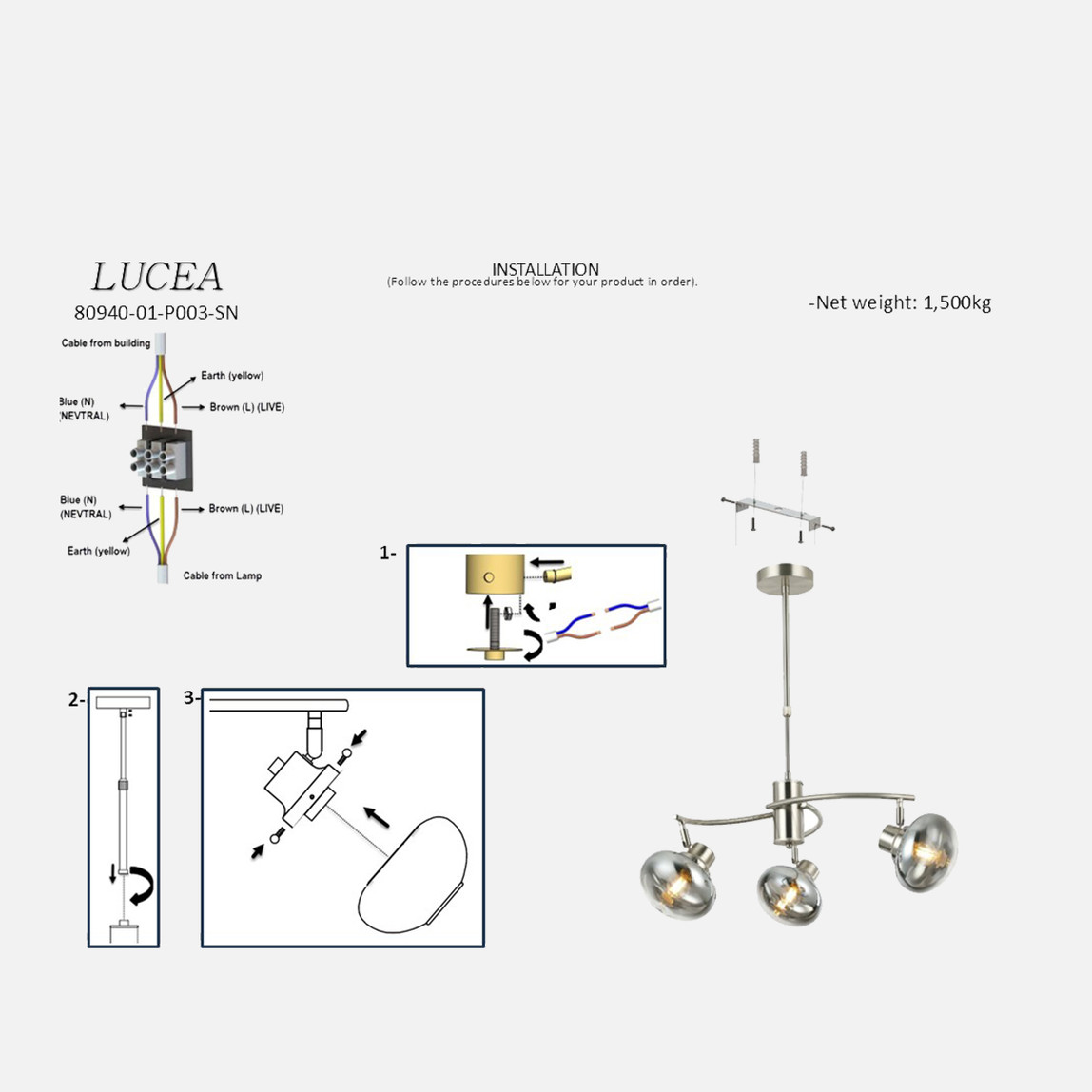    Lucea Solana 3'Li Satin Avize 3xE14 