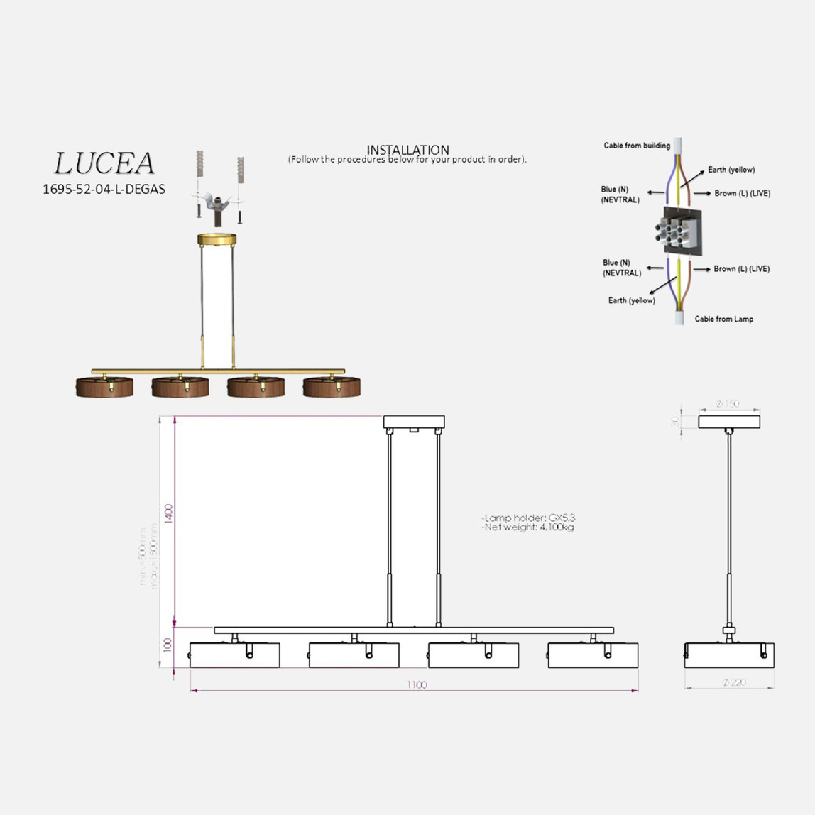    Lucea Degas 4'Lü Antik Lak Sıralı Avize 4xGx5.3 