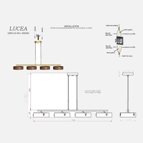 Lucea Degas 4'Lü Antik Lak Sıralı Avize 4xGx5.3