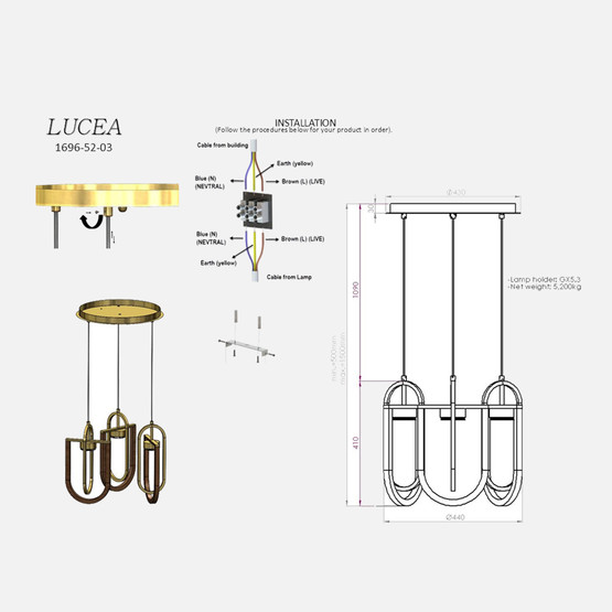 Lucea Ufa 3'Lü Antik Lak Yuvarlak Avize 3xGx5.3
