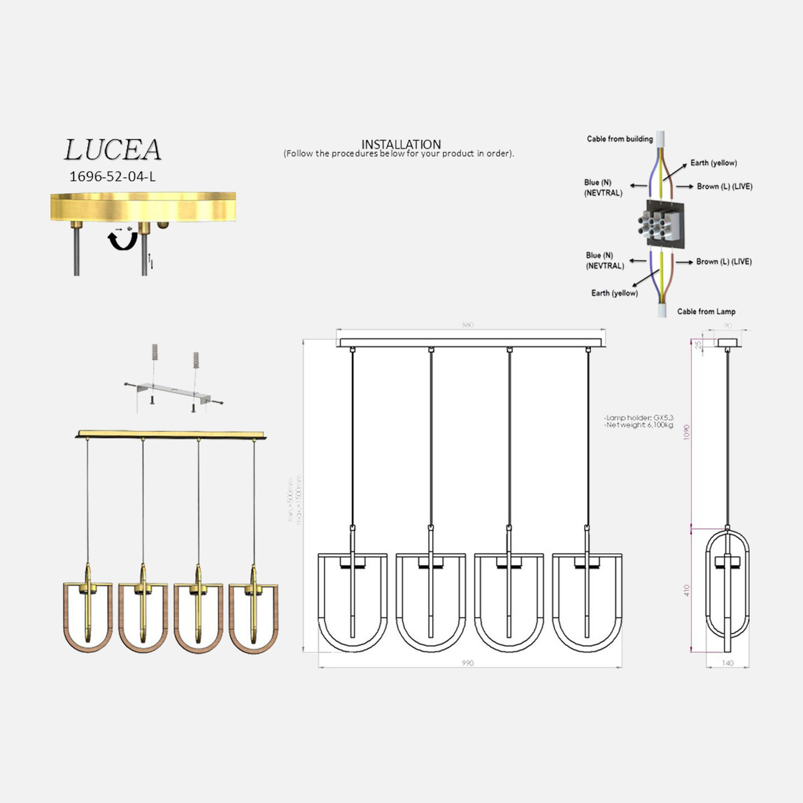    Lucea Ufa 4'Lü Antik Lak Sıralı Avize 4xGx5.3 