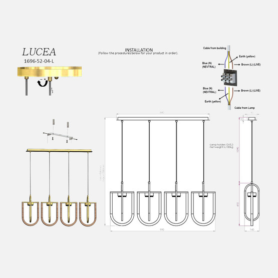 Lucea Ufa 4'Lü Antik Lak Sıralı Avize 4xGx5.3