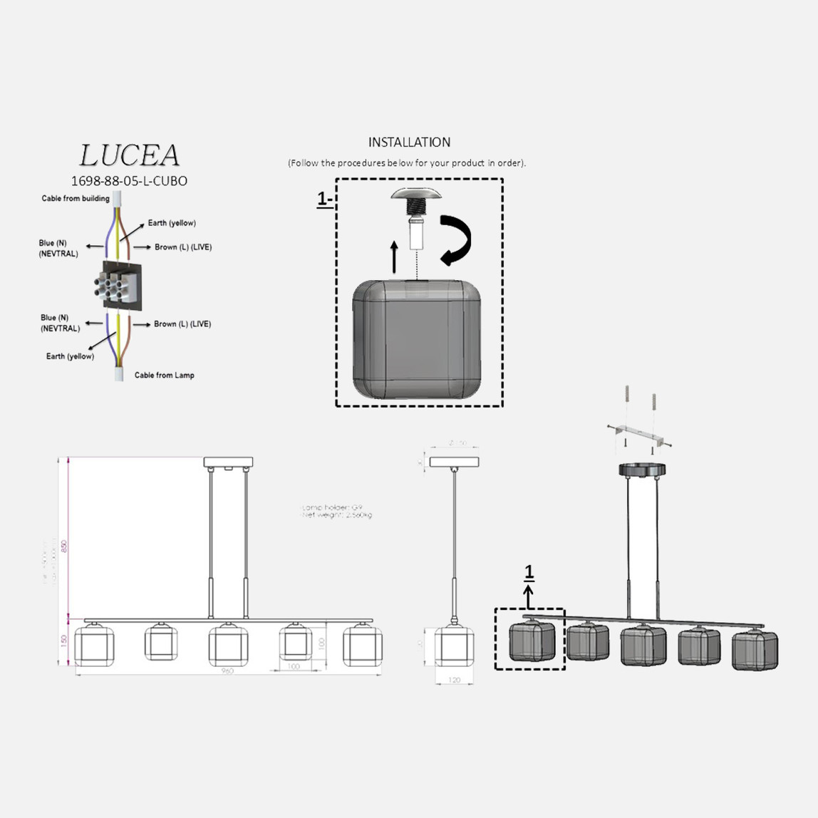    Lucea Cubo 5'Li Mat Kobalt Sıralı Avize 5xG9 