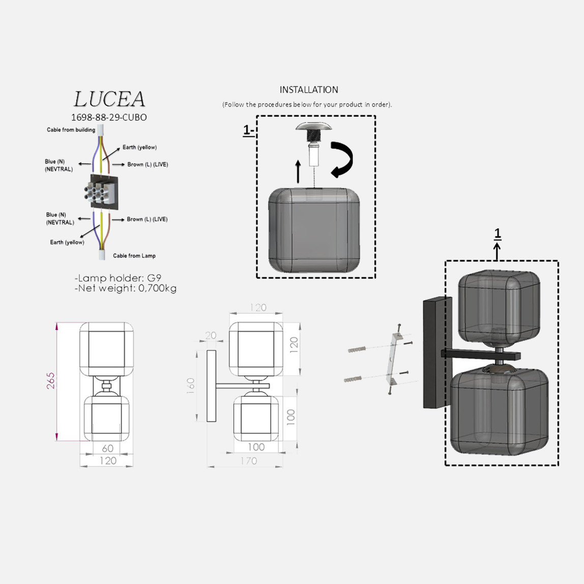    Lucea Cubo 2'Li Mat Kobalt Aplik 2xG9 