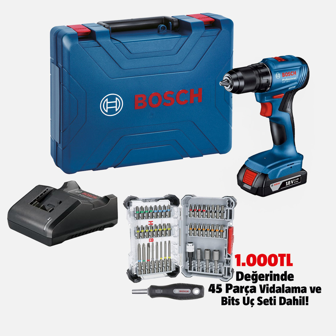    Bosch GSR 185-LI 2.0Ah. Akülü Delme Vidalama (45 Parça Uç Setli) 