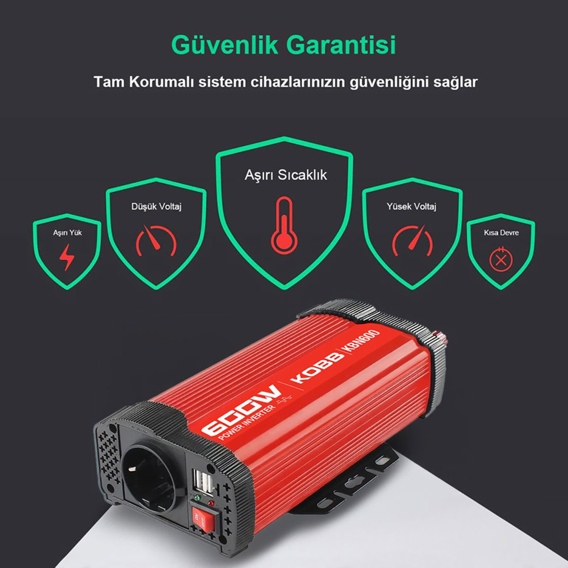    KOBB KBN600 12V/220V 600Watt Modifiye Sinüs Dönüştürücü İnvertör 