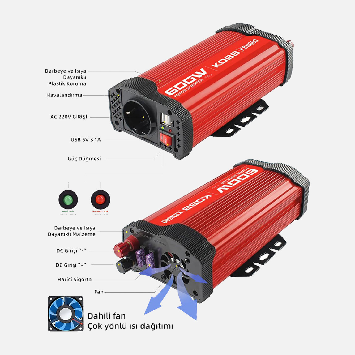    KOBB KBN600 12V/220V 600Watt Modifiye Sinüs Dönüştürücü İnvertör 