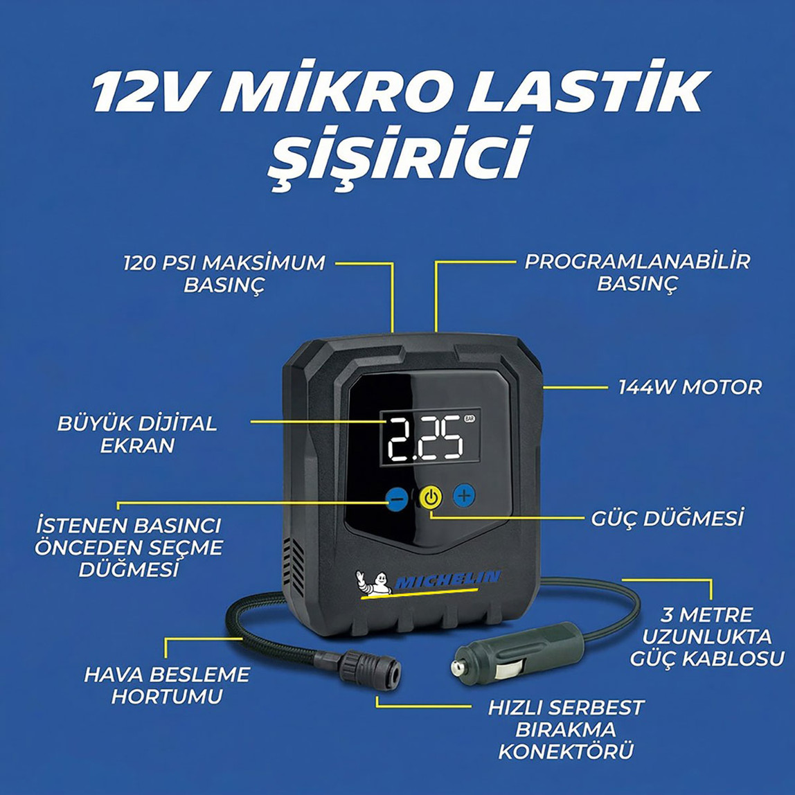    Michelin MC34624 12Volt 120 PSI Ayarlanabilir Dijital Basınç Göstergeli Hava Pompası 