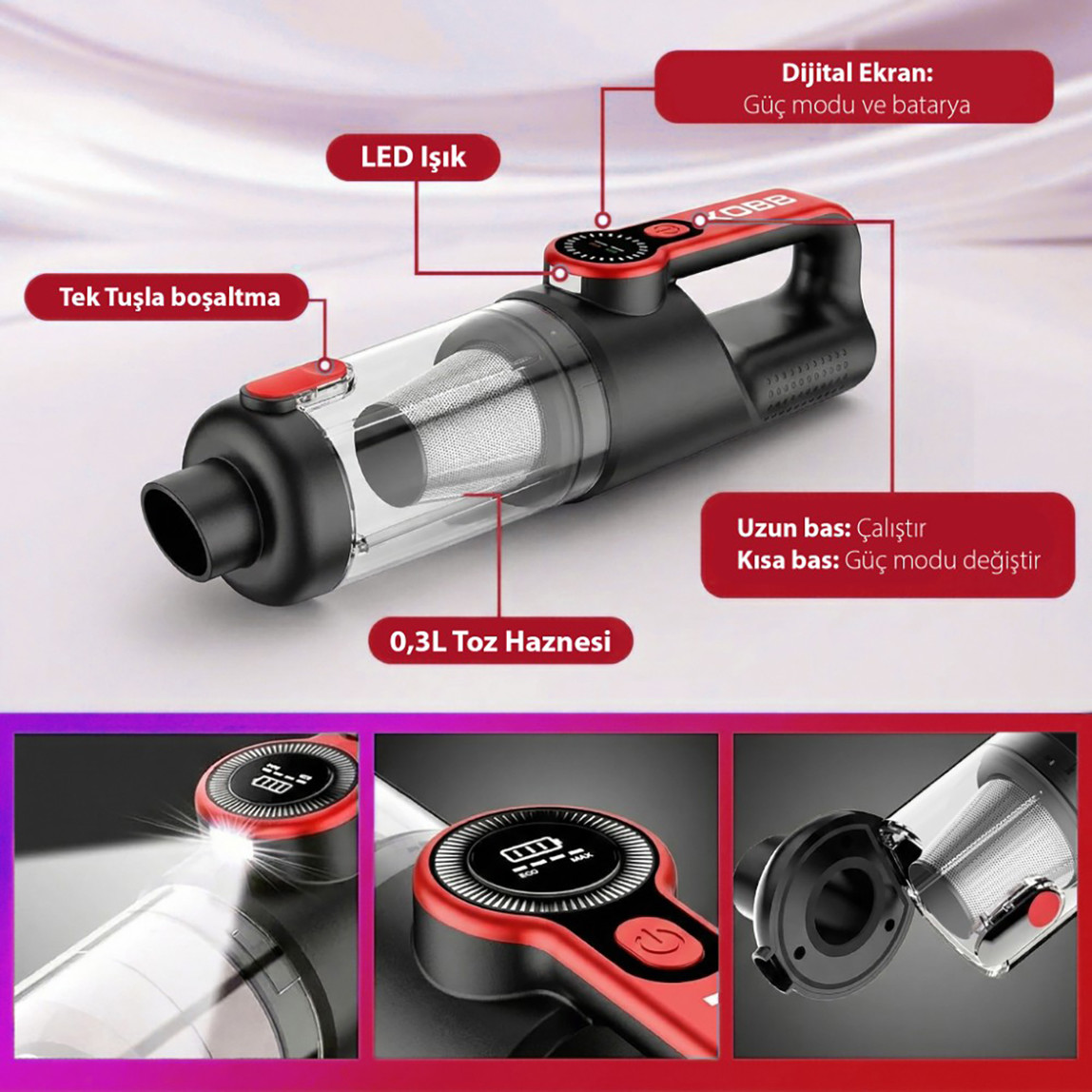    KOBB KBV20 12Volt/ Li-ion Şarjlı Kömürsüz Motor Hibrit Araç Süpürgesi (8 Parça Aksesuar Seti ve Taşıma Çantası) 