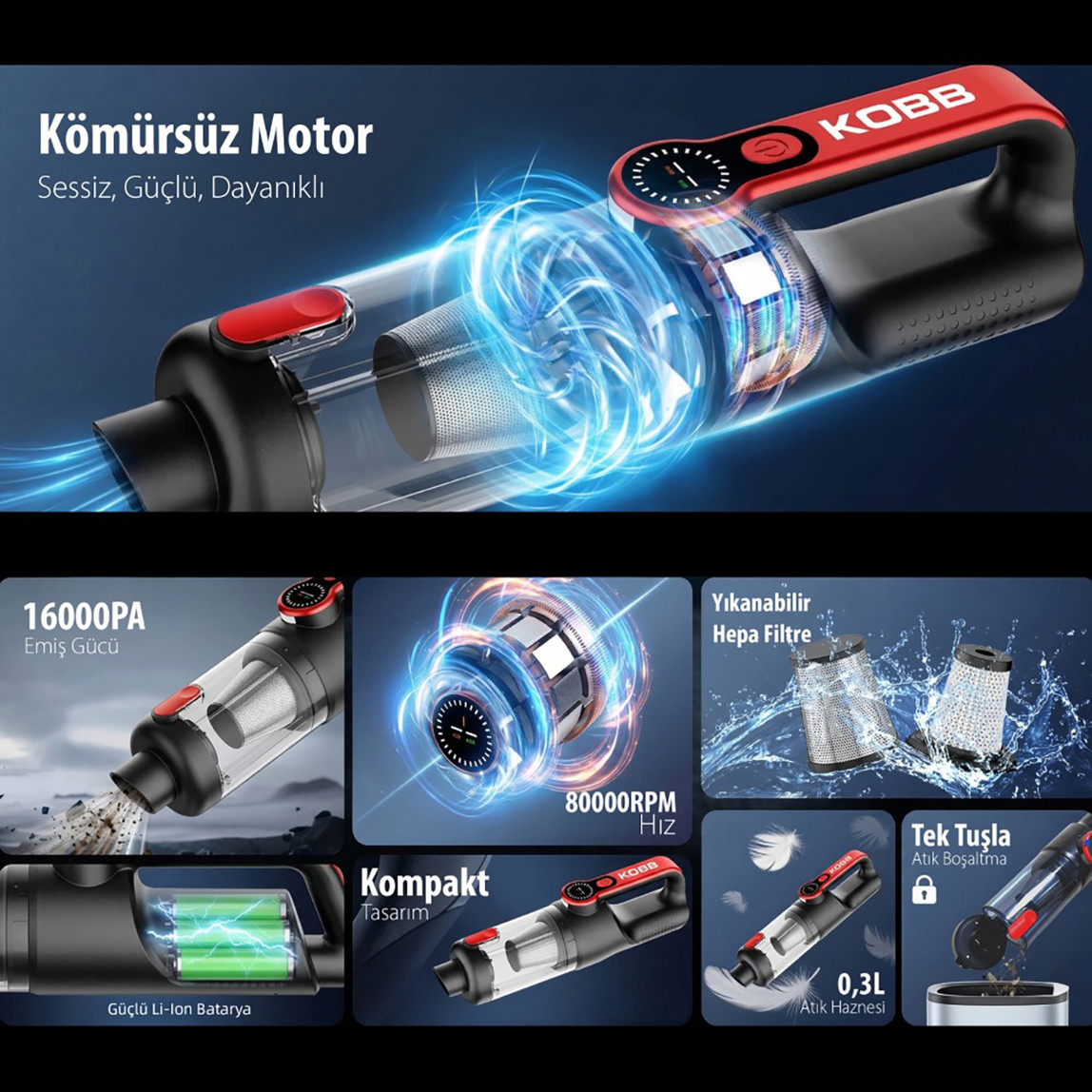    KOBB KBV20 12Volt/ Li-ion Şarjlı Kömürsüz Motor Hibrit Araç Süpürgesi (8 Parça Aksesuar Seti ve Taşıma Çantası) 