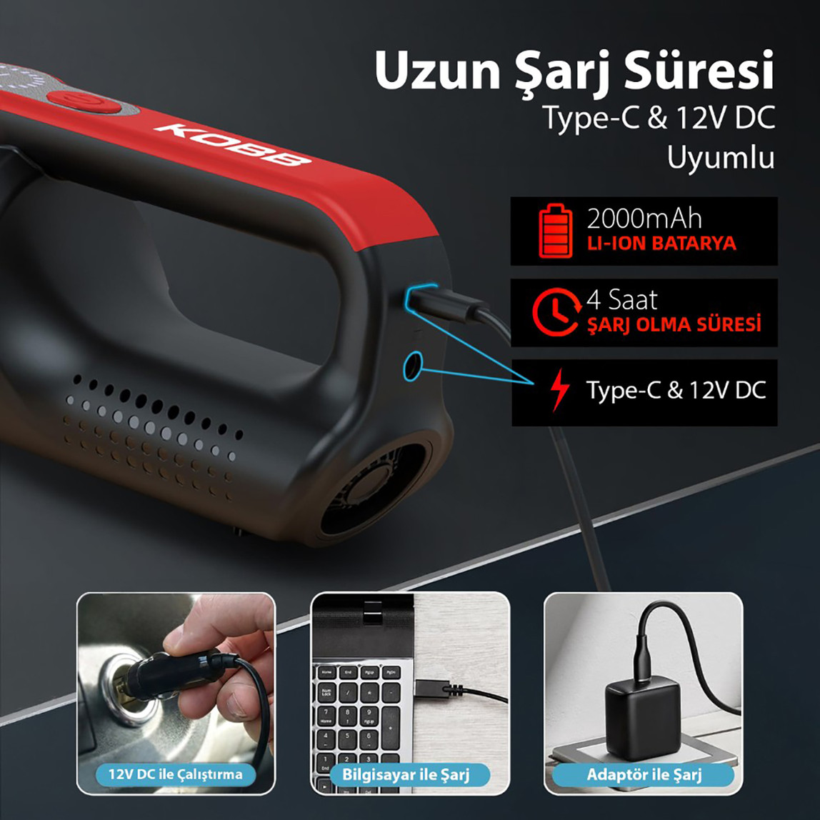    KOBB KBV20 12Volt/ Li-ion Şarjlı Kömürsüz Motor Hibrit Araç Süpürgesi (8 Parça Aksesuar Seti ve Taşıma Çantası) 