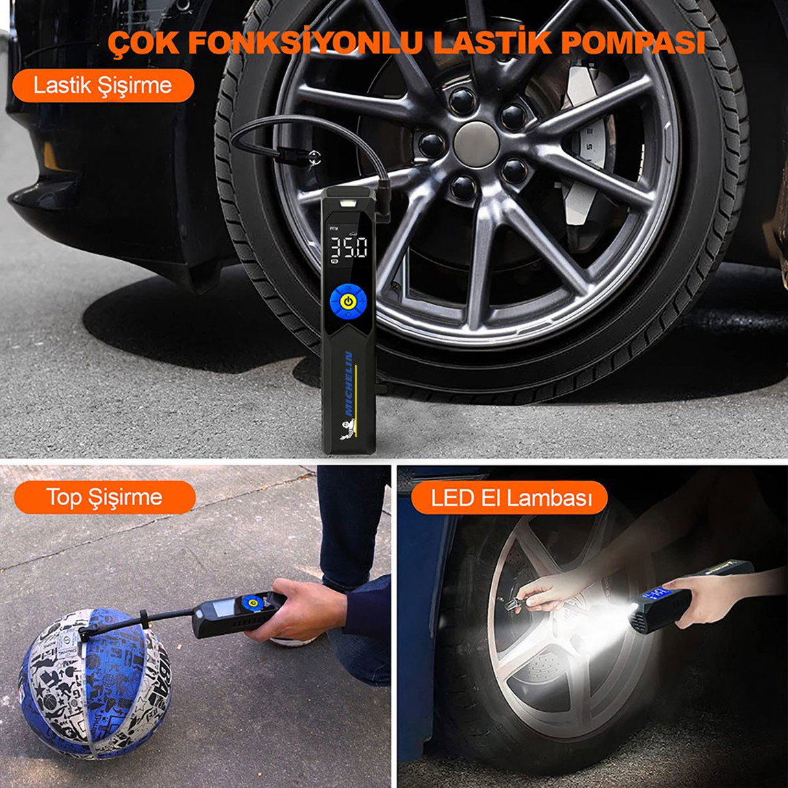    Michelin MC34648 Şarjlı Li-ion 150 PSI Taşınabilir Dijital Basınç Göstergeli Led Aydınlatmalı Lastik Şişirme Pompası  