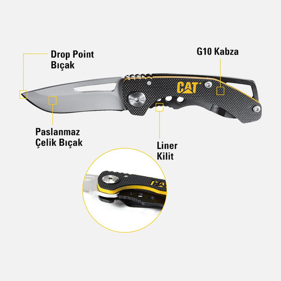 Cat DA980010 Kemer Askı Kancalı Katlanabilir 12CM Paslanmaz Çelik Kamp Çakısı