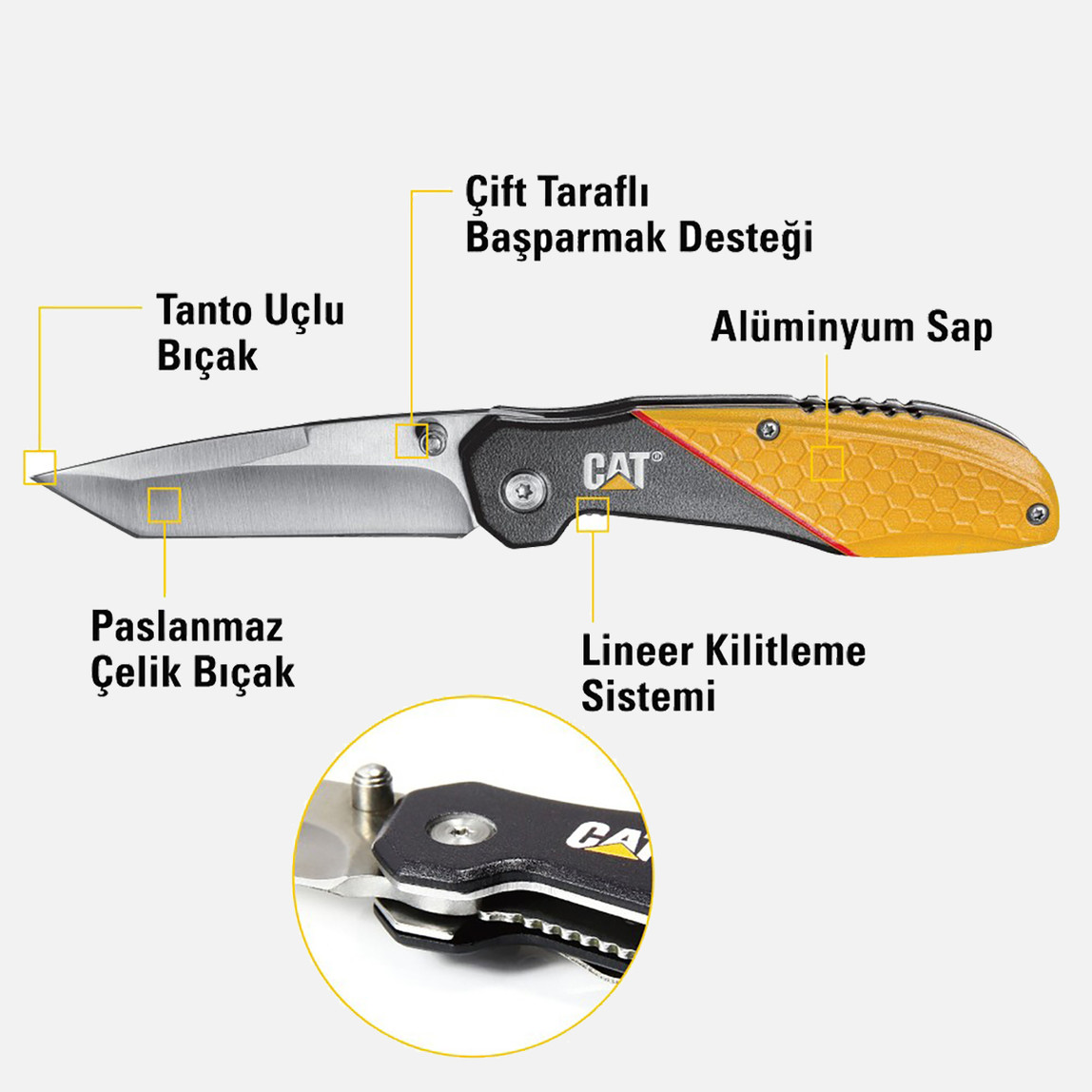   Cat DA980047 Kemer Askı Kancalı Katlanabilir 18CM Paslanmaz Çelik Kamp Çakısı  