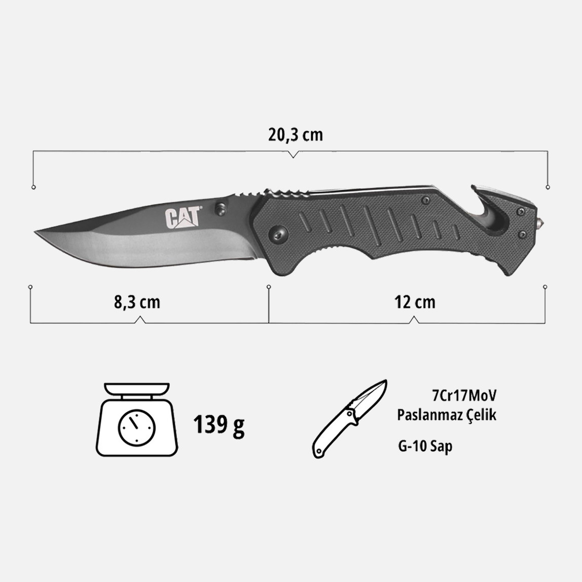   Cat DA980012 3 IN 1 Çok Fonksiyonlu Katlanabilir 20CM Paslanmaz Çelik Siyah Kamp Çakısı Bıçağı  