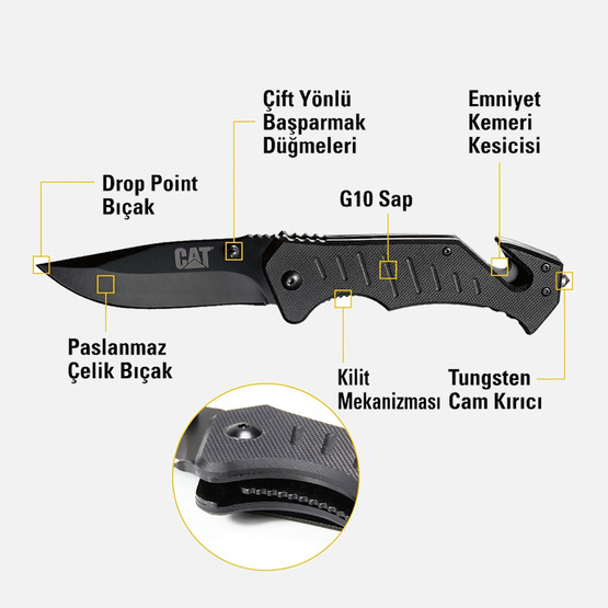Cat DA980012 3 IN 1 Çok Fonksiyonlu Katlanabilir 20CM Paslanmaz Çelik Siyah Kamp Çakısı Bıçağı 