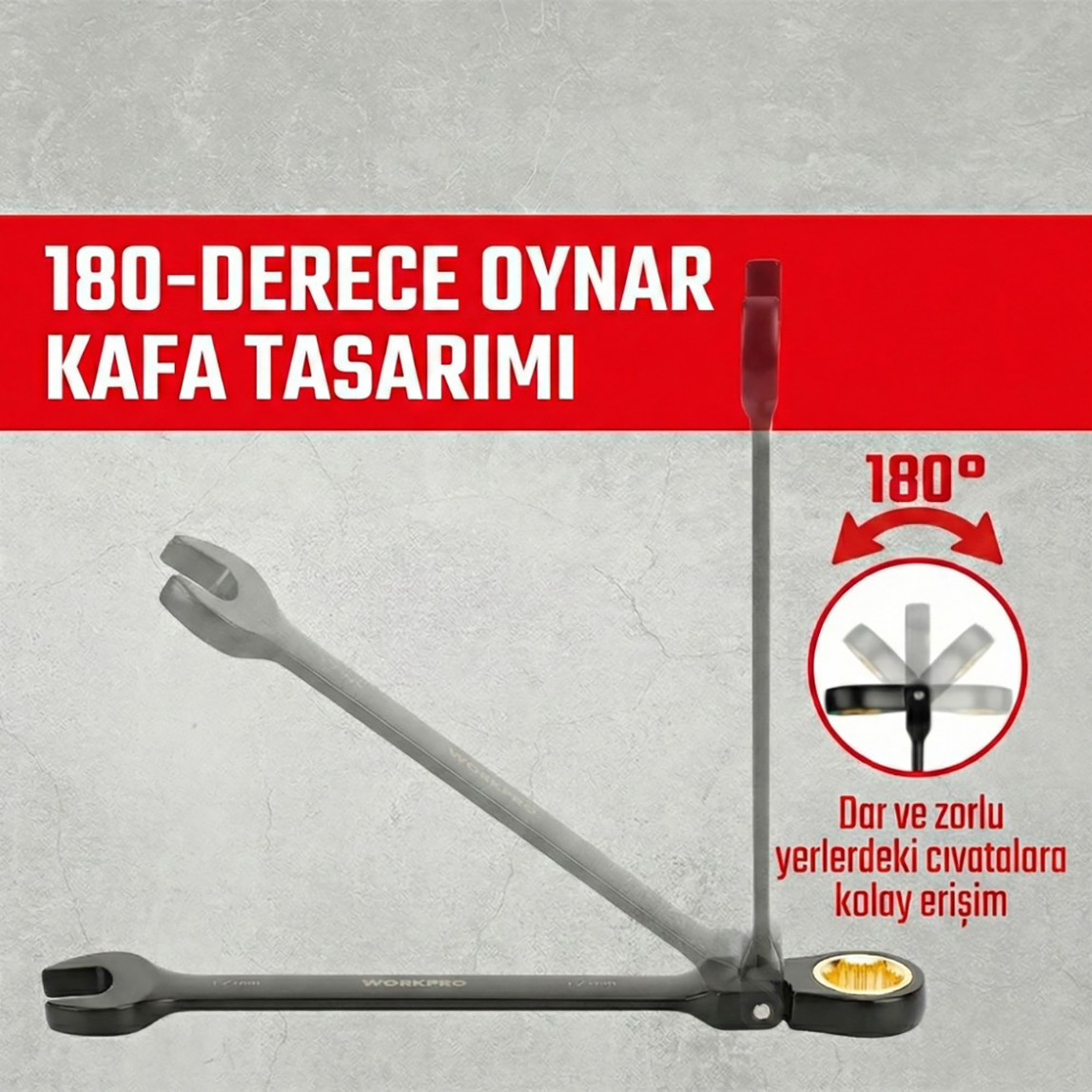    Workpro WP202603 8-17mm 8 Parça CR-V Profesyonel Mafsallı Cırcır Kombine Anahtar Takımı ve  Bez Taşıma Kılıfı 