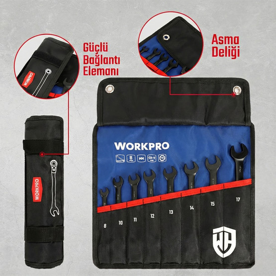 Workpro WP202603 8-17mm 8 Parça CR-V Profesyonel Mafsallı Cırcır Kombine Anahtar Takımı ve  Bez Taşıma Kılıfı