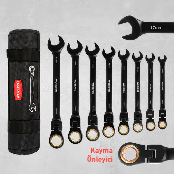 Workpro WP202603 8-17mm 8 Parça CR-V Profesyonel Mafsallı Cırcır Kombine Anahtar Takımı ve  Bez Taşıma Kılıfı