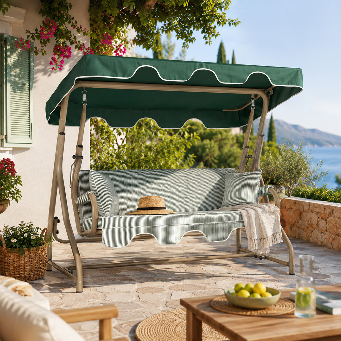    Erinöz Olea 3 Kişilik Yatarlı Bahçe Balkon Teras Salıncağı - Bej Gövde Yeşil Minder  