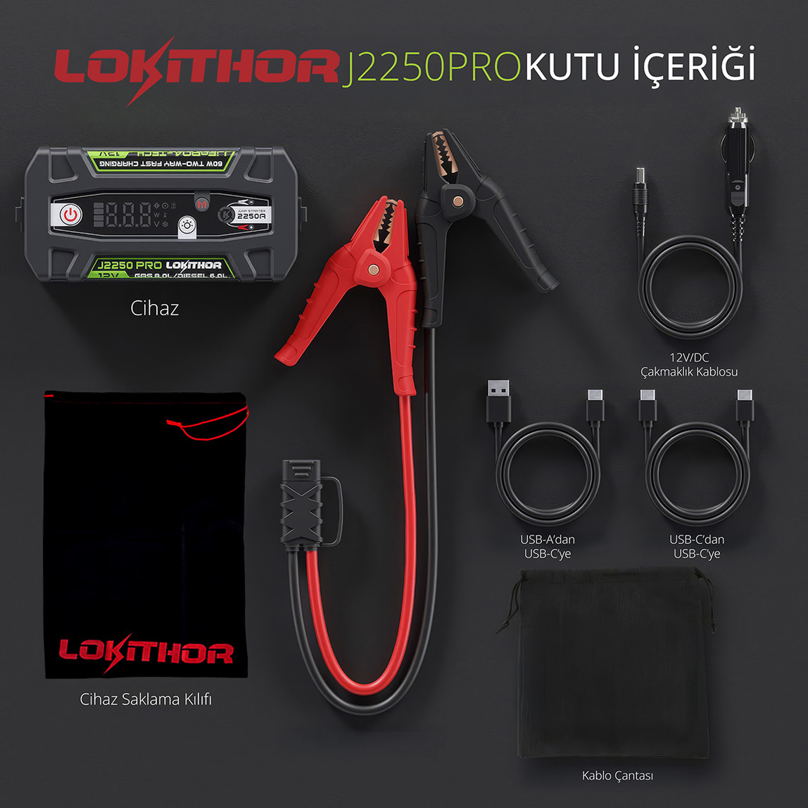    Lokithor J2250PRO 12V 2250Amp LiFePO4 Akıllı Akü Takviye, Powerbank ve Led Lamba 